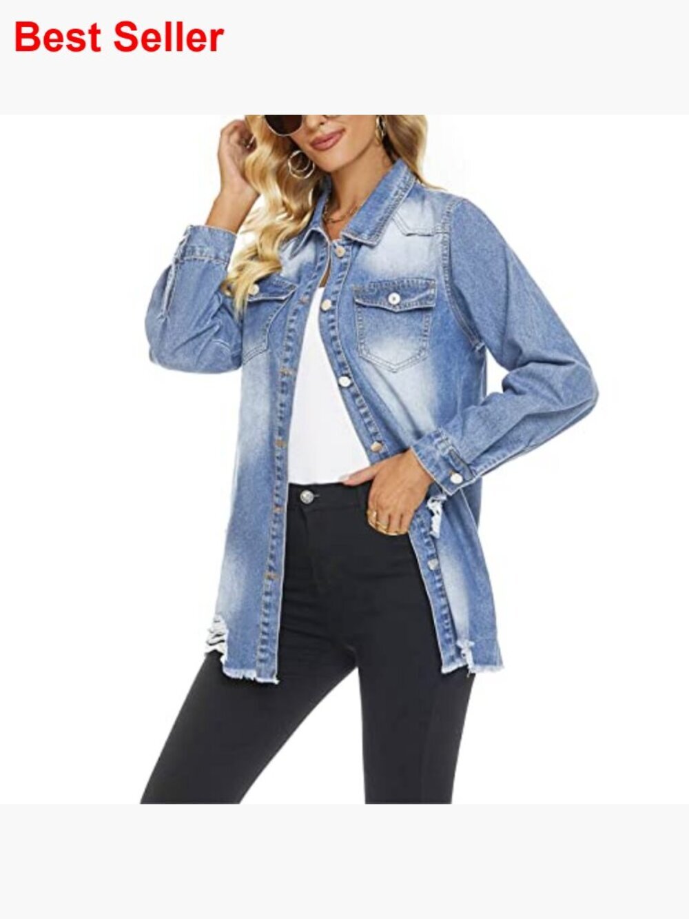 Distressed Denim Shirt Jacket Oversized Button Down Long Sleeve Jean Coat - Picture 4 of 7